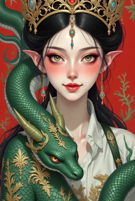 Close-up of a woman with a dragon on her shoulder, Portrait of Yang J, pixiv, Fantasy Art, the Dragon Girl portrait, (( A Beautiful Fantasy Queen )),  A Beautiful Fantasy Queen , Dragon Queen, Dragon Girl, detailed Fantasy Art, Snake Queen ,  Beautiful Fem...