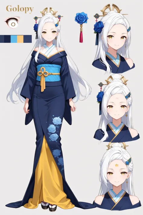  golden eyes, is standing,  character sheet ,  white background,  shoulder out、whole body,masterpiece、 beautiful woman、 white hair、 centered 、 long hair、 long dress 、smile、Droopy eyes、Good posture、Blue Rose Hairpin、Forehead、 kimono、