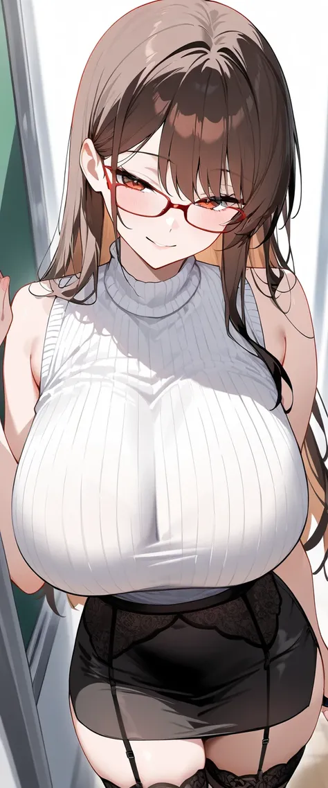 ((best quality)), ((Masterpiece)), (Details), 1woman, red glasses, brown hair, huge breasts, slender, female teacher, white sleeveless sweater, very short pencil skirt, garter belt, stockings, seductive smile, standing, nsfw