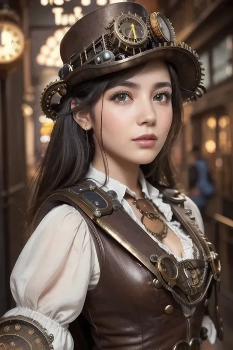 A  Colombian girl,  bust up, ( camera),  detailed European faces, (Enthusiastic expression ), ((( steampunk style close))), (( steampunk city background)), born,  analog style ,  super detailed pictures,  cinematic lighting ,  Art Station , 4K,  Sharp Focu...