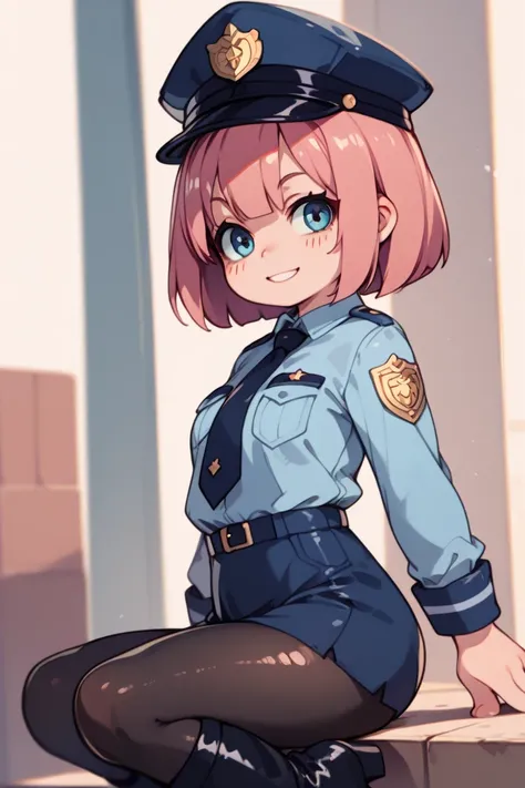  1 woman(masterpiece、 Super high quality)、 elementary school students(Young)、Policewoman&#39;s uniform( miniskirt)、Police hat、 pink hair with a scar( bob cut)、 Gentle Smile ( blue eyes)、 black tights、Black rider boots、big white bike