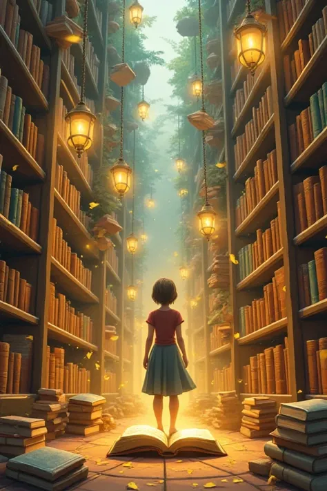  One standing in the middle of a magical library,  surrounded by floating books with golden lights . In the background,  very tall shelves illuminated by floating chandeliers. A has an expression of wonder , and a golden book floats in front of her , Open....