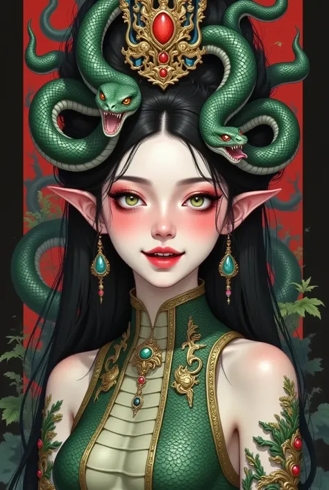 Close-up of a woman，She has a snake on her head,  A detailed painting by Yang Jianjun,  Artstation Contest Winner , Fantasy Art, Snake Woman, Snake Queen , Lady with a snake face , Snake Woman hybrid,   Her many snakes are like hair  ,  Double penetration ...