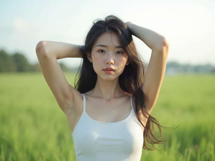 Beautiful white girl, Japanese, thin white tank top, photo posing, raising her arms up, hair, looking at the camera, 8k definition, early morning, field view, clear sky