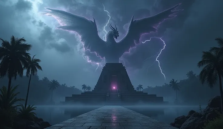  Dark clouds cover the whole sky, They have the shape of a dragon,  purple lines illuminate the contours of the dragon, Rainy weather. Thunderstorm, lightning,  In the background : of an Egyptian temple made of black rock in the jungle, which is located on...