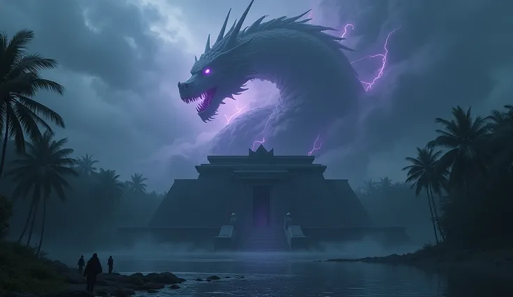  Dark clouds cover the whole sky, They have the shape of a dragon,  purple lines illuminate the contours of the dragon, Rainy weather. Thunderstorm, lightning,  In the background : of an Egyptian temple made of black rock in the jungle, which is located on...