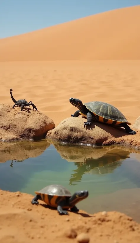 Near a small, clear spring in the middle of a desert, a turtle rests on a sun-warmed rock, while a scorpion stands still on the sandy edge of the water. The soft gurgle of the spring contrasts with the arid silence of the surrounding dunes, creating a mome...