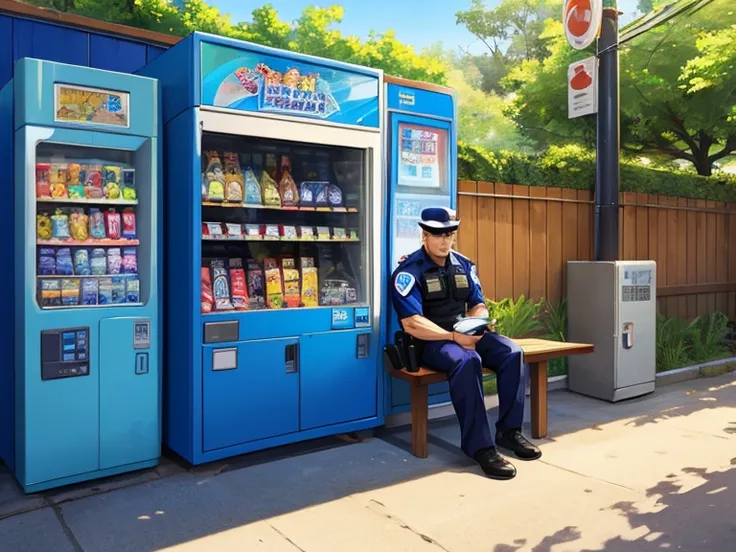  anime-style 、 daytime、Sit with your legs open on a block fence、police man、 uncle 、40 years old、Well-built、During break、 see here、lure、There is a vending machine next door