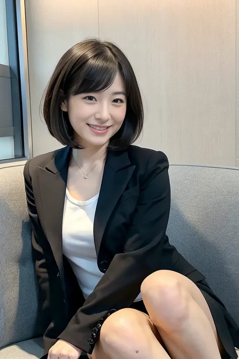 A 40-year-old Japanese woman with small breasts and short black hair、Make small cleavages with your arms、I'm in the office in a suit, smiling shyly, and sitting with my legs open at right angles