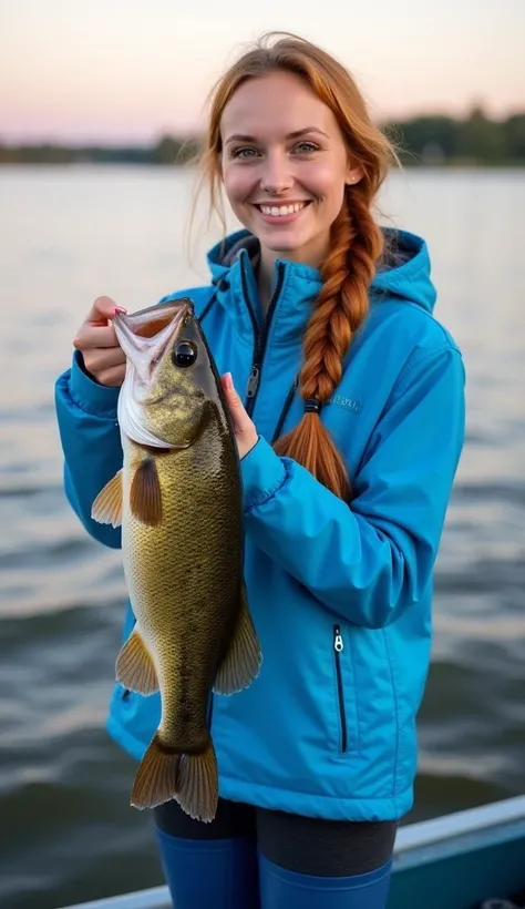 A 23-year-old woman with long, golden-red hair tied into a loose braid, dressed in a bright blue jacket and matching blue rubber boots, holding a massive catfish with both hands. Her cheerful expression radiates pride. The background features a peaceful la...