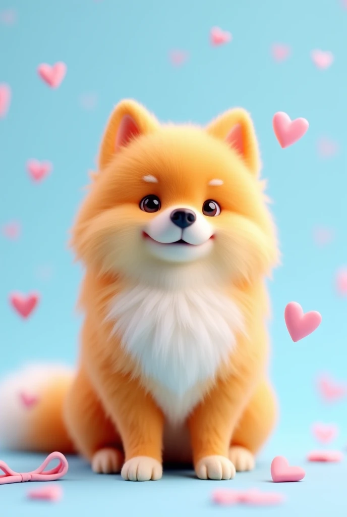 3D drawing of a female German spitz dog in orange with a slightly white dog's chest with a baby blue screen background and some pink hearts distributed in the background