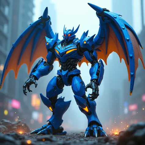 A blue predacon transformer with wings. Red and blue eyes a slender build and yellow neon accent lights