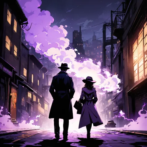  Dark City Alley ,  Front view of a woman wearing a trench coat and fedora hat, Back view of a man wearing a trench coat and fedora hat,  Factory Chimneys Ejecting Steam,  Magic Train Passing Over Your Head ,  Purple Magic Lantern Illuminating the Street 