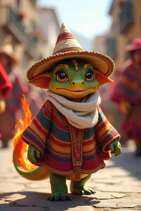 Stablish a baby human dragon cub faced  spitting flames wearing a traditional poncho and a chullo on his head walking on the main square of cusco watching the festive dancers with many colorfull clothes with a white scarf around his neck