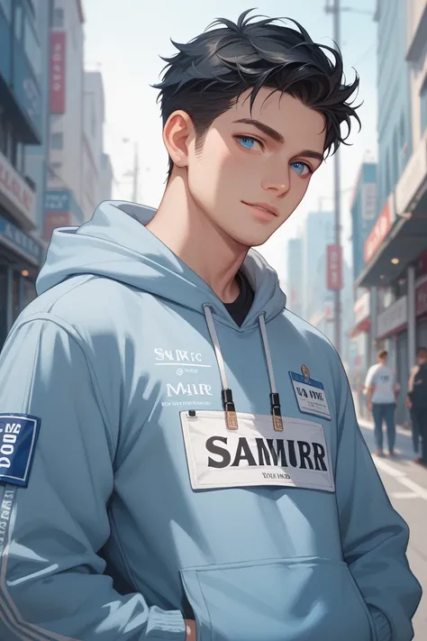 1 boy,Black hair,saphire blue eyes,Wearing a light blue hoodie with a name tag on it,wearing a white jean.