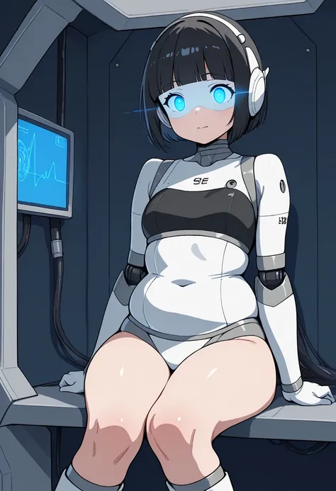 masterpiece, Best Quality, Extremely detailed, 8K portrait,Japaese android girl,Plump , control panels,Robot arms and legs, Blunt bangs,perfect robot girl,a bit chubby,white boots,white gloves,chest monitor,Charging spot,She is exhibits,exibition hall,prom...