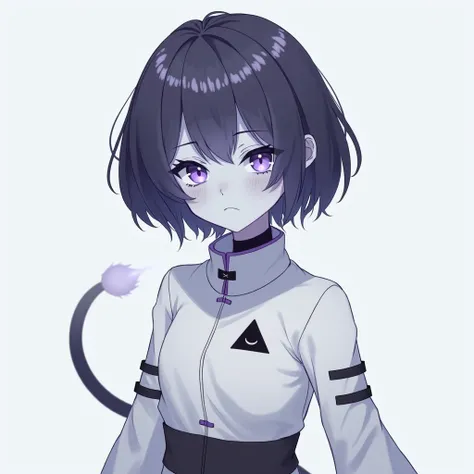 The girl with light blue skin, darker than skin with short hair with a tail,  in white clothes with a high collar, dark gray with purple details, on the white sweater, there is one black triangle on top and on the sides below too, but narrower, and the eye...