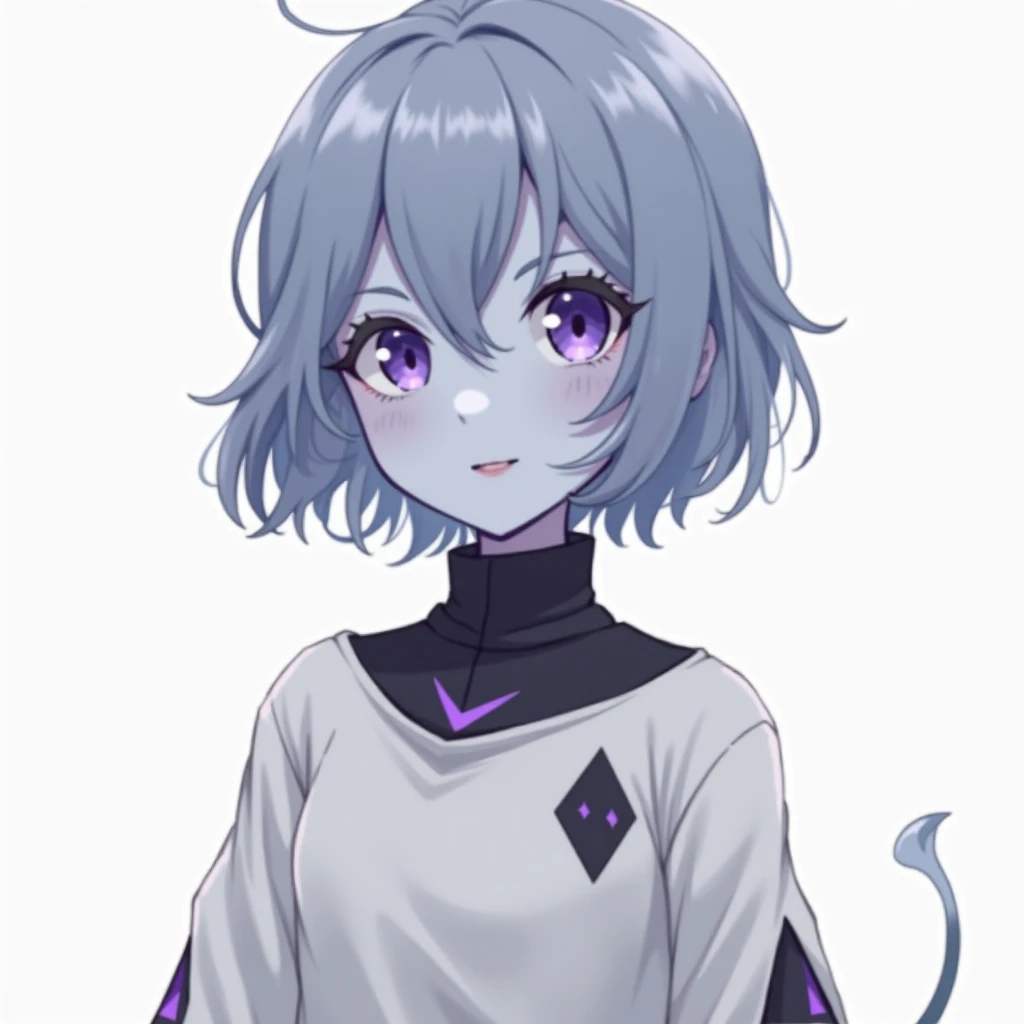 The girl with light blue skin, darker than skin with short hair with a tail,  in white clothes with a high collar, dark gray with purple details, on the white sweater, there is one black triangle on top and on the sides below too, but narrower, and the eye...