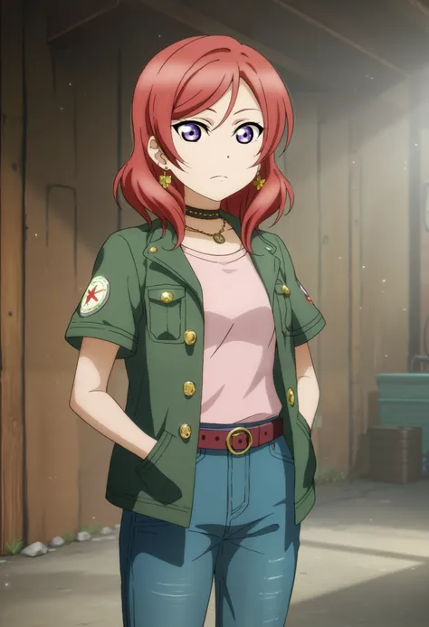 (Masterpiece, Best Quality, High Quality),anime style, love live,nishikino maki,red hair, purple eyes), pink_shirt, short_sleeves, pleated_chest, lined_collar, dark_blue_jeans, straight_cut, brown_belt, metal_buckle, green_jacket, double-layered_cotton, wo...