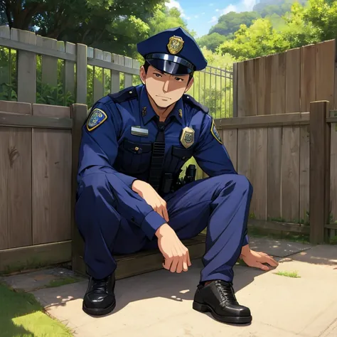  anime-style 、 daytime、 block sit with your legs open on the fence、police man、 uncle 、Age 35、Well-built、During break、 see here、lure、police manに焦点を当てる、police manのクローズアップ