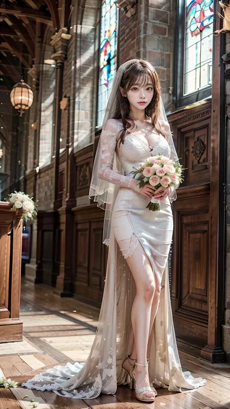 A beautiful young Japanese woman, 26 years old, with healthy thighs, beautiful legs, flawless skin, random hair color and style, large breasts, wearing a (wedding dress:1.3), (she is standing:1.2), full body shot, high heels, holding a bouquet in her hands...