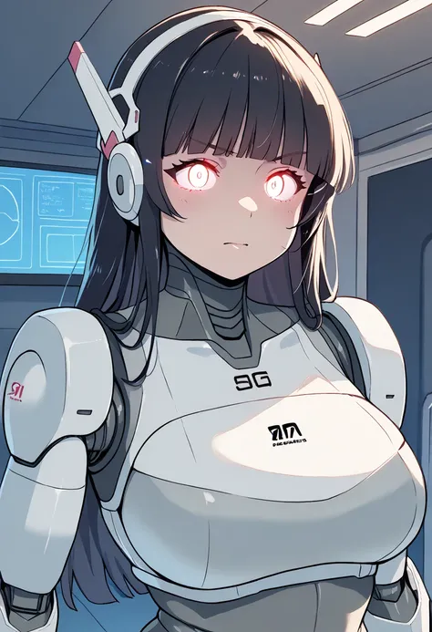 masterpiece, Best Quality, Extremely detailed, 8K portrait,Japaese android girl,Plump , control panels,Robot arms and legs, Blunt bangs,perfect robot girl,a bit chubby,white boots,white gloves,chest monitor,Charging spot,She is exhibits,exibition hall,prom...