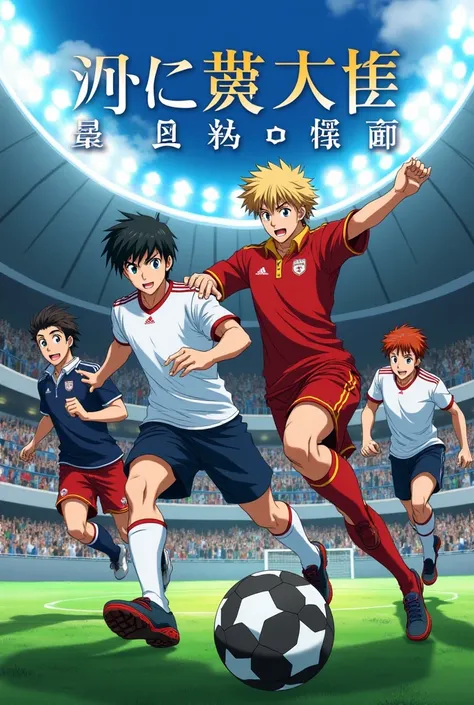 Here's a detailed description for the anime football poster you can use:

Prompt: "A dynamic anime football poster featuring a group of handsome, athletic male characters in action on the football field. The design should have a bold, slightly rough anime ...