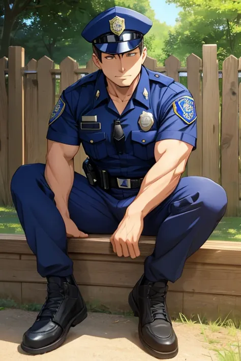  anime-style 、 daytime、 block sit with your legs open on the fence、police man、 uncle 、Age 35、Well-built、During break、 see here、lure、police manに焦点を当てる、police manのクローズアップ