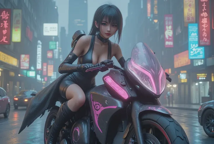 Integrated into the design in ArsMj style ,  cyberpunk, The image shows a woman riding a futuristic motorcycle in the rain. She is wearing a black dress and a ヘルメット and the background is filled with buildings lights and other vehicles. The images are anima...