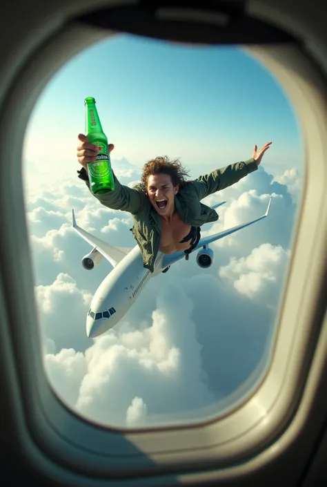 Plane flying and in the window outside the plane a human throwing himself with a bottle of “Heineken” beer in his hand. 