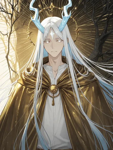 1 boy, Very long hair, white hair, straight hair, huge light blue horns that look like tree branches. Thin golden lines are visible on the horns, a slight glow can be seen at the ends of the horns, white eyes, a blue rim around the eyes, The pupils are mis...