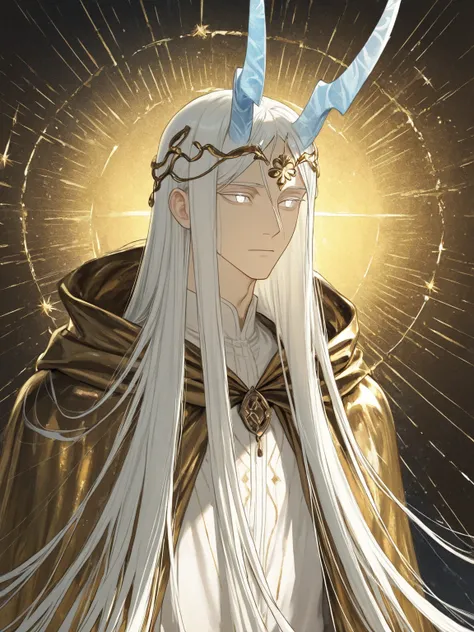 1 boy, Very long hair, white hair, straight hair, huge light blue horns that look like tree branches. Thin golden lines are visible on the horns, a slight glow can be seen at the ends of the horns, white eyes, a blue rim around the eyes, The pupils are mis...