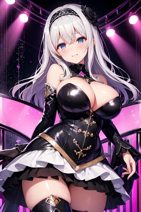  erotic、Sagasawa Fumika、 white hair band、Shiny black hair、Big Breasts、 Shiny Black and Light Blue Sequin Dress、 thigh high boots、 Pink Love Hotel With Dark Lights 、 pink wall 、Evil grin、despise、 look down、Open your mouth slightly、 Evil Female Executive、adu...