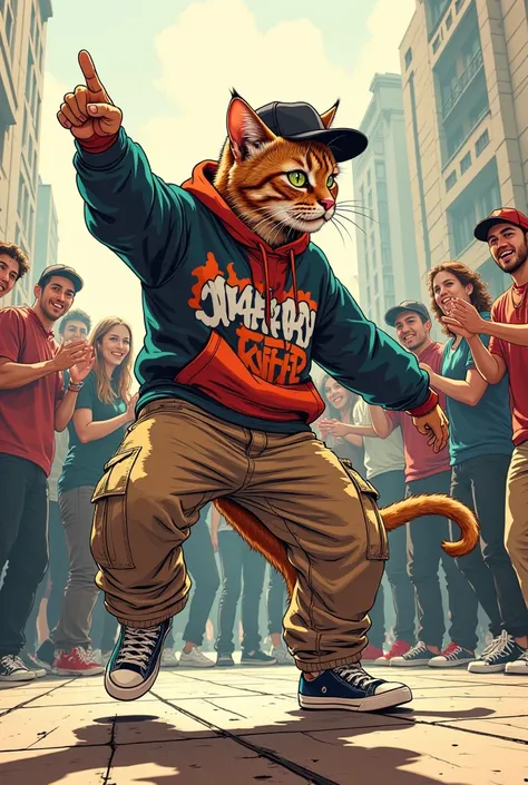 illustration, close-up, comic book style
Poster, sketch, close-up, sketch, fine lines and shadows,
A hyper-realistic scene of a talented cat performing an advanced street dance routine, captured mid-motion in a dynamic and energetic pose. The cat is dresse...