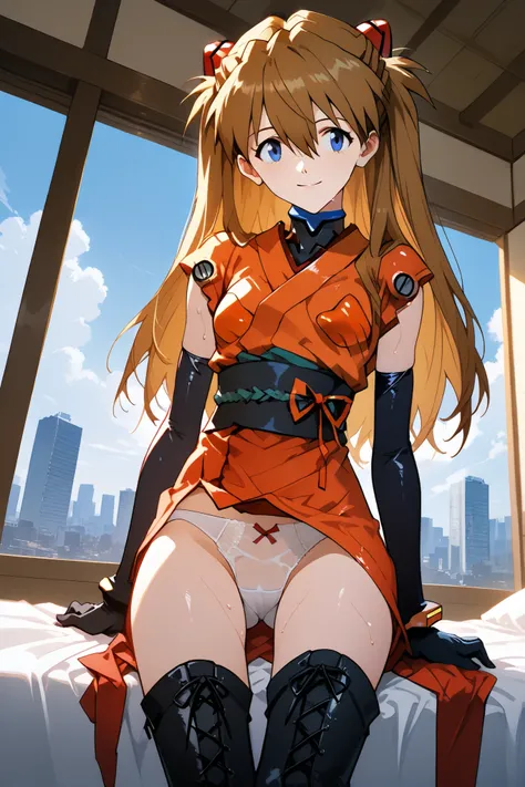 asuka_langley,1 female,solo,looking at the scenery,smile,
I_,wet brown hair,viewer,blue eyes,long hair,hair between the eyes,beautiful eyes,more detailed hair,

lace up boots,thigh-high boots,Japanese clothes,onmyoji（1.3）,white panties,high heels,elbow glo...