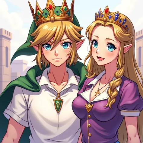 Anime Ocarina of time King Link wearing a Massive popped collar polo with a collar so high it's taller than his head he's with Princess Zelda