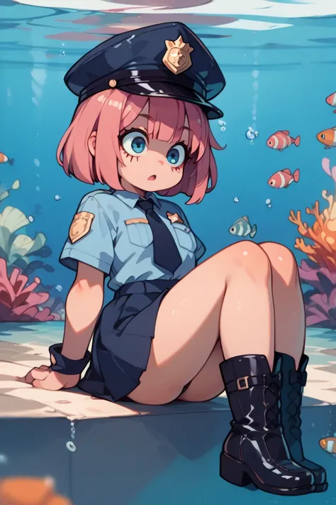  1 woman(masterpiece、 Super high quality、 elementary school students(Young))、Policewoman&#39;s uniform( miniskirt)、Police hat、 pink hair with a scar( bob cut)、 surprised expression sitting underwater( blue eyes)、 black tights、Black rider boots