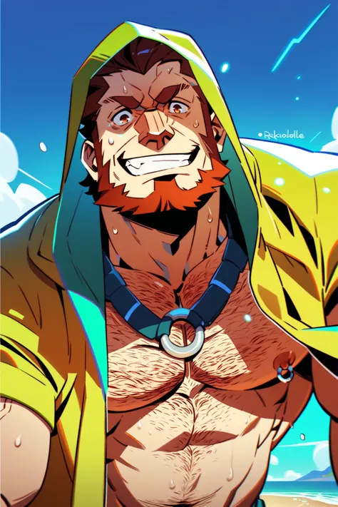 FATE/ZERO,Iskandar,roidguts,wearing raincoat,big penis,on the beach,sweat,ridicule face,nipple silver O ring,hairiness,more hairy chest,