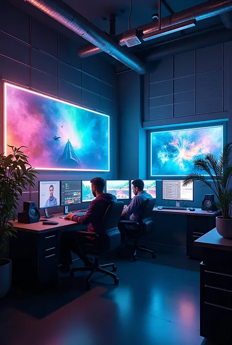 A creative workspace showcasing AI-powered video editing, with scenes of video timelines, color grading tools, and AI-enhanced effects. A focus on creative editing and sleek design tools.