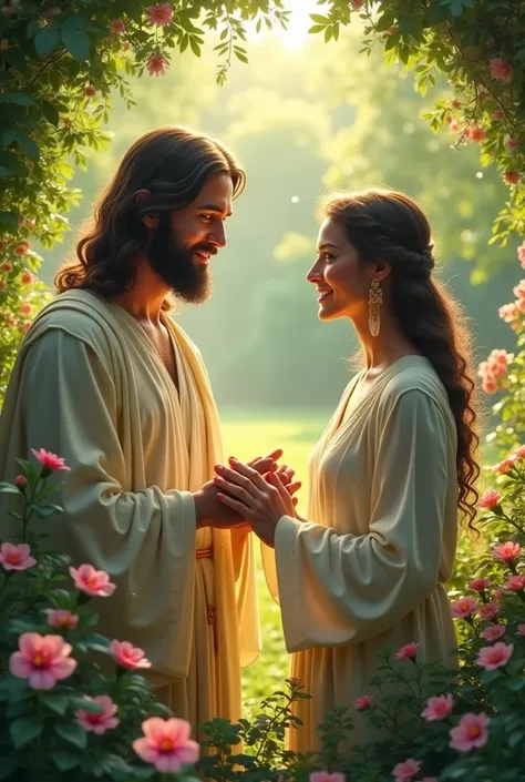 Create an image for the cover of a notebook of Talking with Jesus in a beautiful garden like the name of Valentina Pimenta in the pink foot of the image