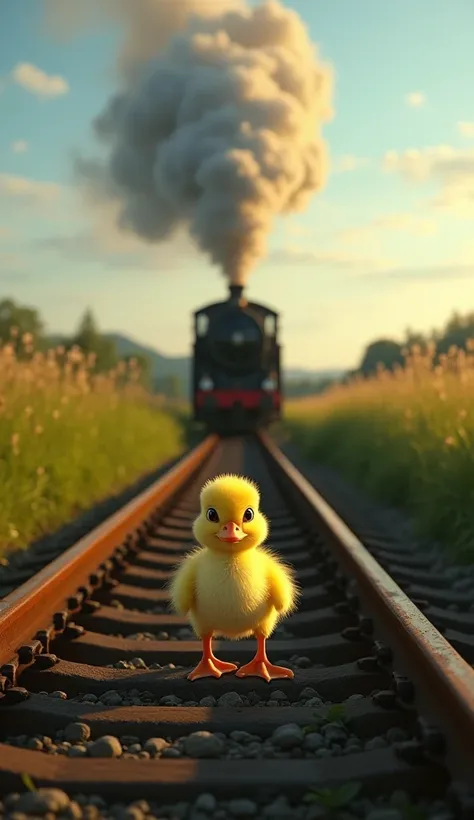 "A little yellow duckling standing on rusty train tracks, with wide eyes and an expression of uncertainty. In the background, a steam train slowly approaches, releasing a thin cloud of smoke that blends into the blue-gray sky. The scene is surrounded by a ...