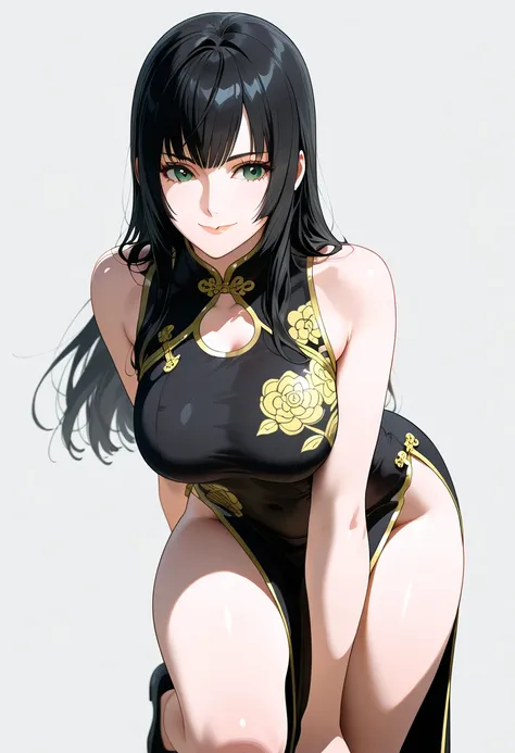 masterpiece, best quality, amazing quality, 1girl, Gentiana, final fantasy xv, green eyes, black hair, long hair, black Chinese cheongsam, beautiful legs, raising one leg, smile, cowboy shot, leaning forward, simple background, medium size boobs , golden r...