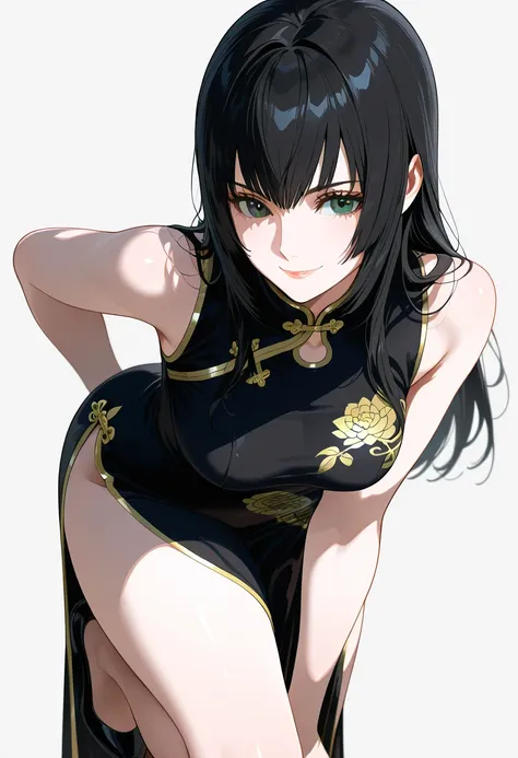 masterpiece, best quality, amazing quality, 1girl, Gentiana, final fantasy xv, green eyes, black hair, long hair, black Chinese cheongsam, beautiful legs, raising one leg, smile, cowboy shot, leaning forward, simple background, medium size boobs , golden r...