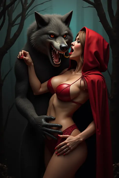 The Big Bad Wolf is licking peanut butter off grown up Red Riding Hood's pelvic region 