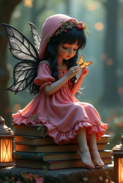 a serene scene a delicate, fairy-like girl sitting on a wooden box full of old books. She has soft, flowing black hair and wears a hot pink, hooded dress adorned with small twigs, red berries, and frosted details. She has sparkling black fairy wings, intri...