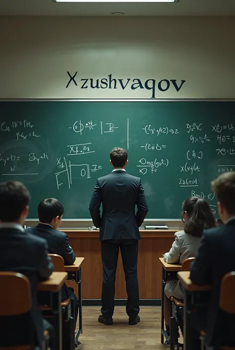 The math teacher is explaining a topic on the blackboard, and above the disk is written "XUSHVAQOV"           Be close to the living life