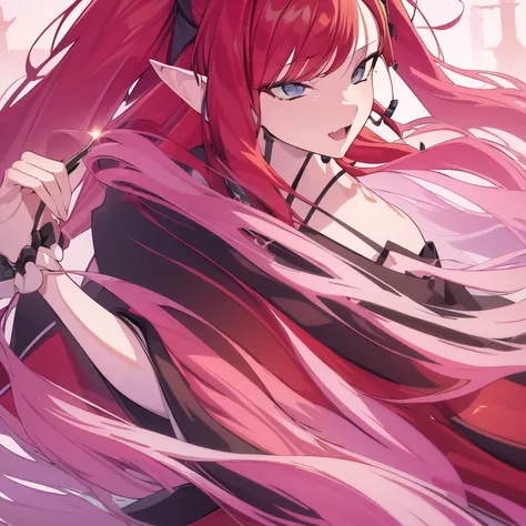 (best quality,4k,8k,highres,masterpiece:1.2),ultra-detailed,(realistic,photorealistic,photo-realistic:1.37),1girl,solo,redhead,long straight hair,curly hair,pointy ears,(black kimono)