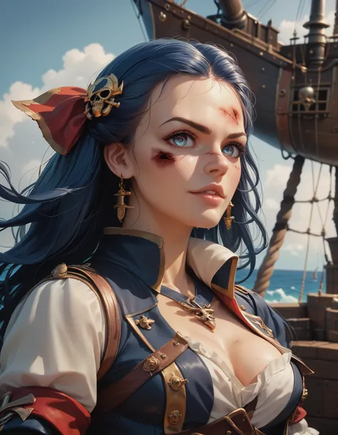 cinematic lighting, UHD, ((masterpiece)), super detail, (detailed eyes, detailed face), high quality, highres, high details, Pirate, Captain, blue Hair, Elven girl, On the pirate ship, Covered in wounds, (Raise her saber and encourage her allies), ager