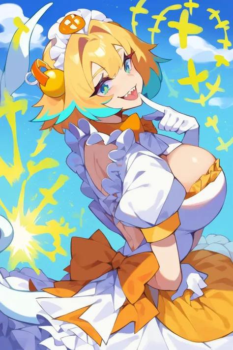  score_9,  score_8_ up,  score_7_ up,  source_Anime,  cowboy shooting,  Watch viewers, smile,  mouth, bbgpne ,  big breasts, symbol-shaped p upils, tooth,  short hair, fin tail ,  grenade hair ornament,  orange headdress, white dress, Neck Bow, fluffy shor...