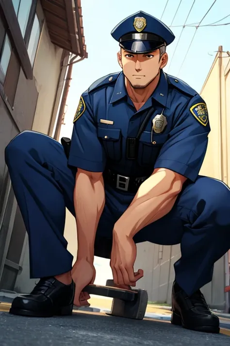  anime-style 、evening、police man、 uncle 、Age 35、Well-built、 look down at me、 low angle、 crouch